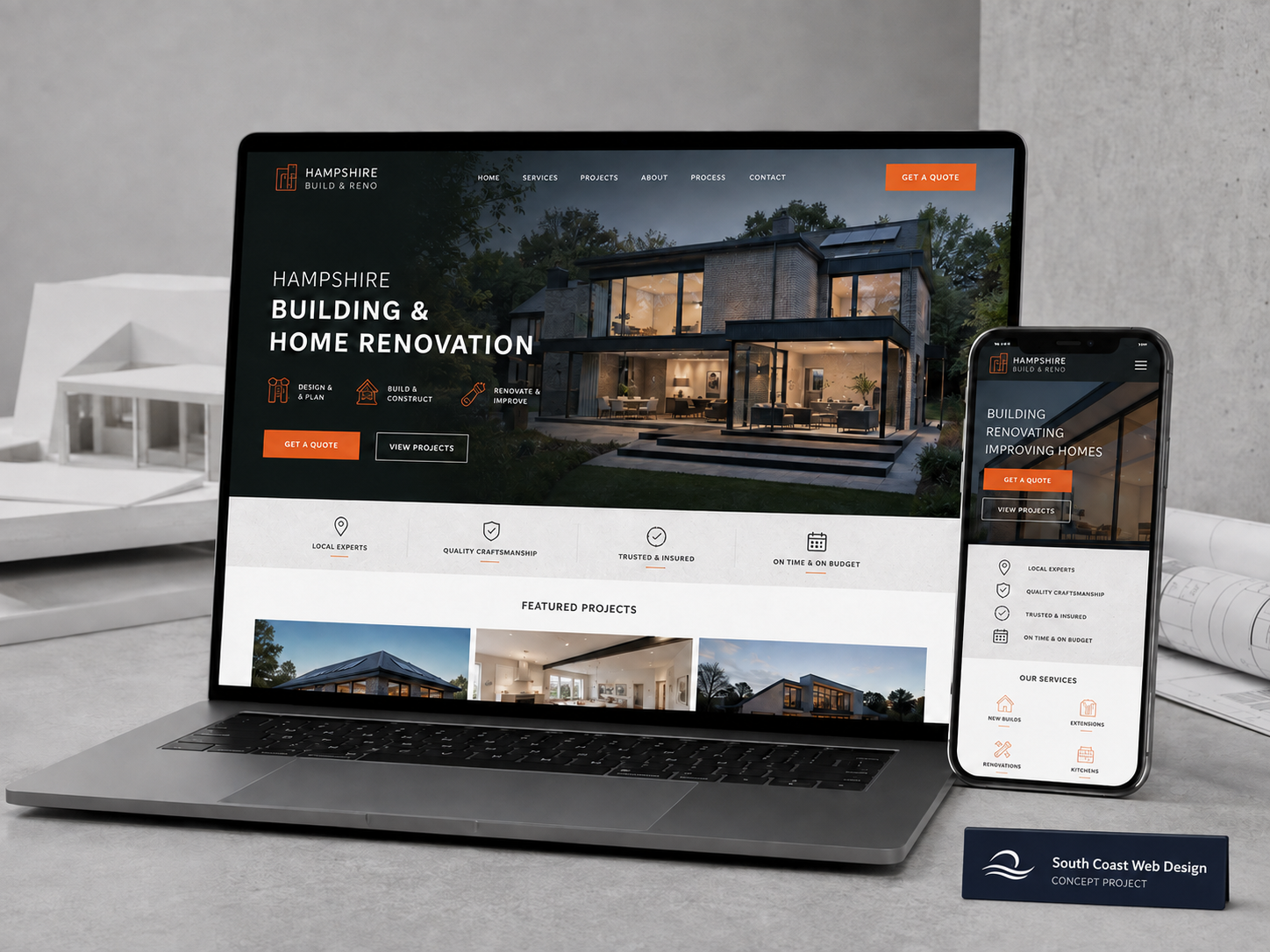 Responsive website design concept for a Hampshire building company, branded by South Coast Web Design